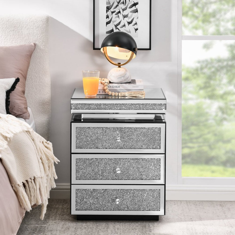 English Elm Mirrored Three Drawer Nightstand with Crystal Diamond Inlay Glam Bedside Storage W1005P248529