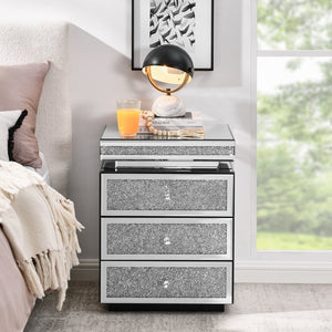 English Elm Mirrored Three Drawer Nightstand with Crystal Diamond Inlay Glam Bedside Storage W1005P248529