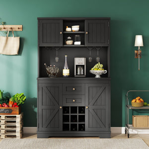 English Elm Coffee Bar Cabinet Dark Blue Farmhouse Buffet with Wine Cubbies, Stemware Rack, Drawers, Shelves & Prep Space Black W1580S00088