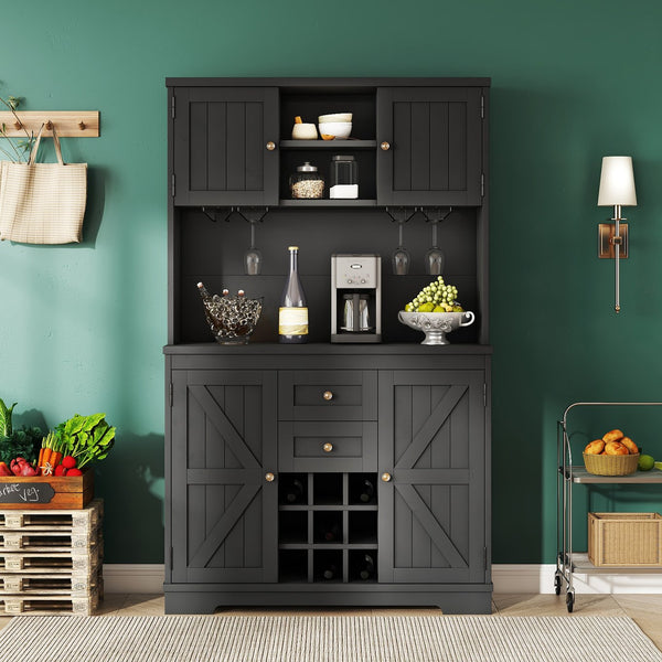 English Elm Coffee Bar Cabinet Dark Blue Farmhouse Buffet with Wine Cubbies, Stemware Rack, Drawers, Shelves & Prep Space Black W1580S00088