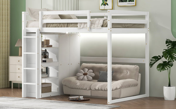 English Elm Wood Full Size Loft Bed with Built-in Wardrobe, 4-Tier Storage Shelves, LED Light, Pine MDF Durable White GX000463AAK
