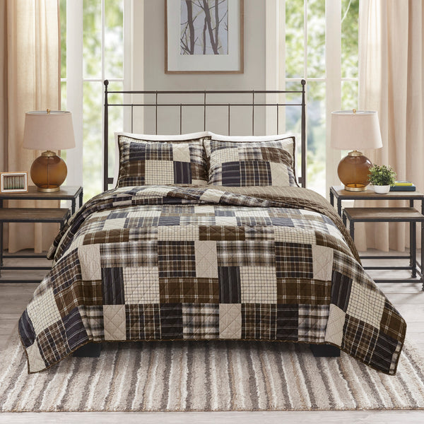 English Elm 3 Timber Reversible Printed Quilt Set King/Cal King Rustic Patchwork to Plaid, Cotton-Rich, Machine Washable Comfort B035129065