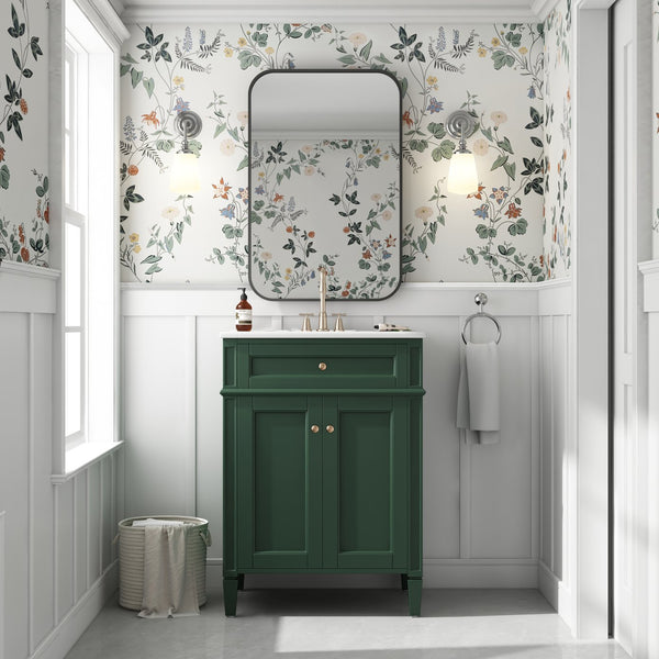 English Elm 24" Bathroom Vanity with Ceramic Basin, French-Inspired Accent Carvings, Soft-Close Doors & Storage Green N710P293309F