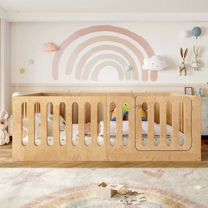 English Elm Twin Solid Pine Montessori Floor Bed with House Frame Door and Safety Fence Natural W5305P420636