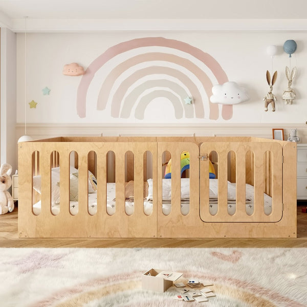 English Elm Twin Solid Pine Montessori Floor Bed with House Frame Door and Safety Fence Natural W5305P420636