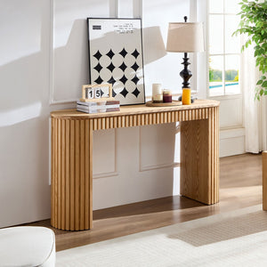 English Elm 59.05'' Matte Finish Console Table Curved Top Striped Legs Slim Entryway Foyer Natural W876P439955