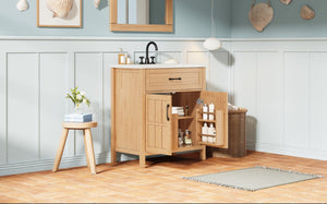 English Elm 30" Solid Pine Bathroom Vanity with Resin Sink Soft Close Doors and Natural Grain Finish N710P405952P
