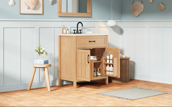 English Elm 30" Solid Pine Bathroom Vanity with Resin Sink Soft Close Doors and Natural Grain Finish N710P405952P