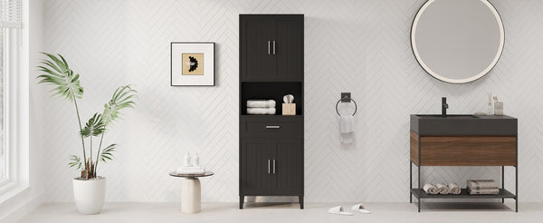 English Elm 70.9" High Freestanding Tall Bathroom Cabinet with Soft-Close Doors, Drawer & Adjustable Shelves for Organized Living Black N729P272001B