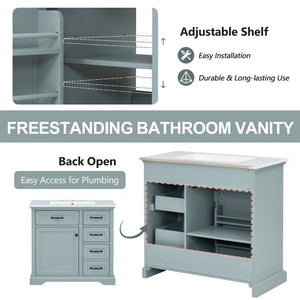 English Elm [video] 36 Inch Freestanding Bathroom Vanity Rubberwood Cabinet with Ceramic Sink Storage Grey N759P313315F