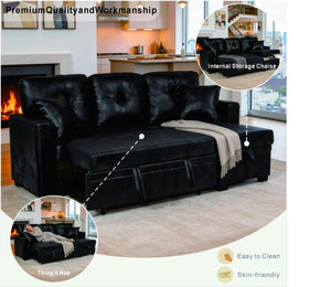 English Elm Sleeper Sectional Sofa with Storage Chaise Tufted Black Fabric L-shaped Living Room W5568S00037