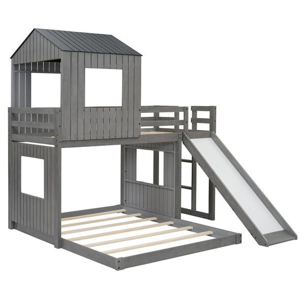 English Elm Wooden Twin Over Full Bunk Bed Farmhouse Playhouse Slide Pinewood Kids Loft LT000328AAE