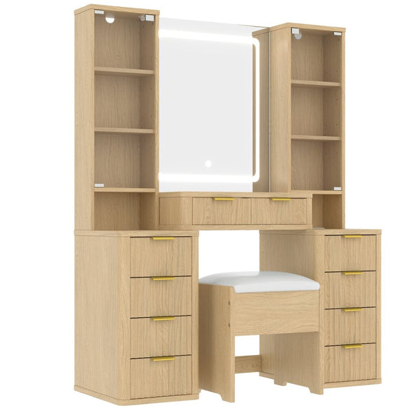 English Elm 43.5" Fluted Makeup Vanity with Led Mirror Glass Top Gold Hardware and Storage Stool Oak N704G202305N