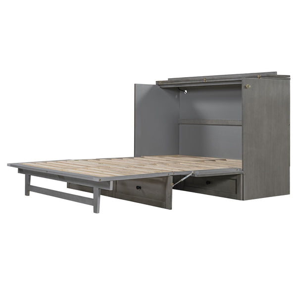 English Elm Queen Murphy Wall Bed with Usb Ports Storage Drawers and Cabinet Style Panel Front Gray N708S00006AAE