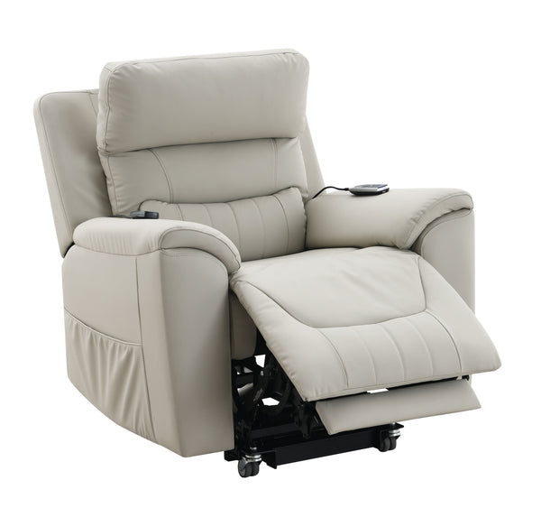 English Elm Marsha Light Gray Power Motion Recliner with Lift, Heated Massage, Faux Leather Upholstery, Modern Comfort B2726S00015