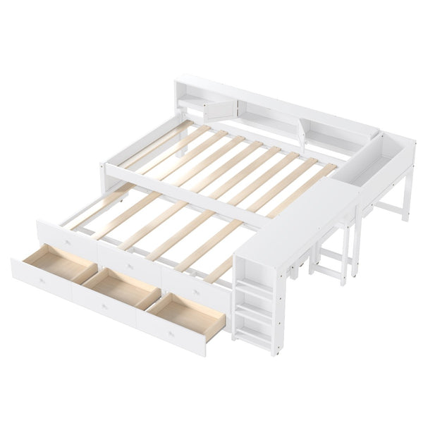 English Elm Twin Daybed Pine Frame with Trundle Desk Hutch Shelves and Storage for Kids Rooms White W1580S00458