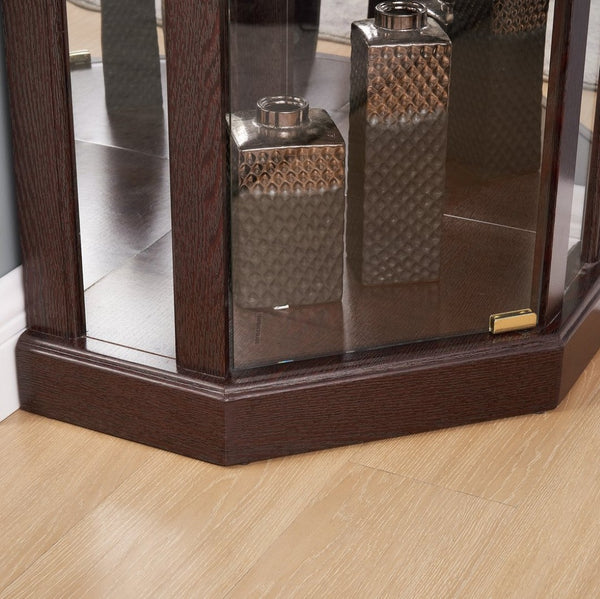 English Elm Corner Lighted Curio Cabinet with Mirrored Back Glass Shelves Classical Living Room Display Cherry W2275P194425
