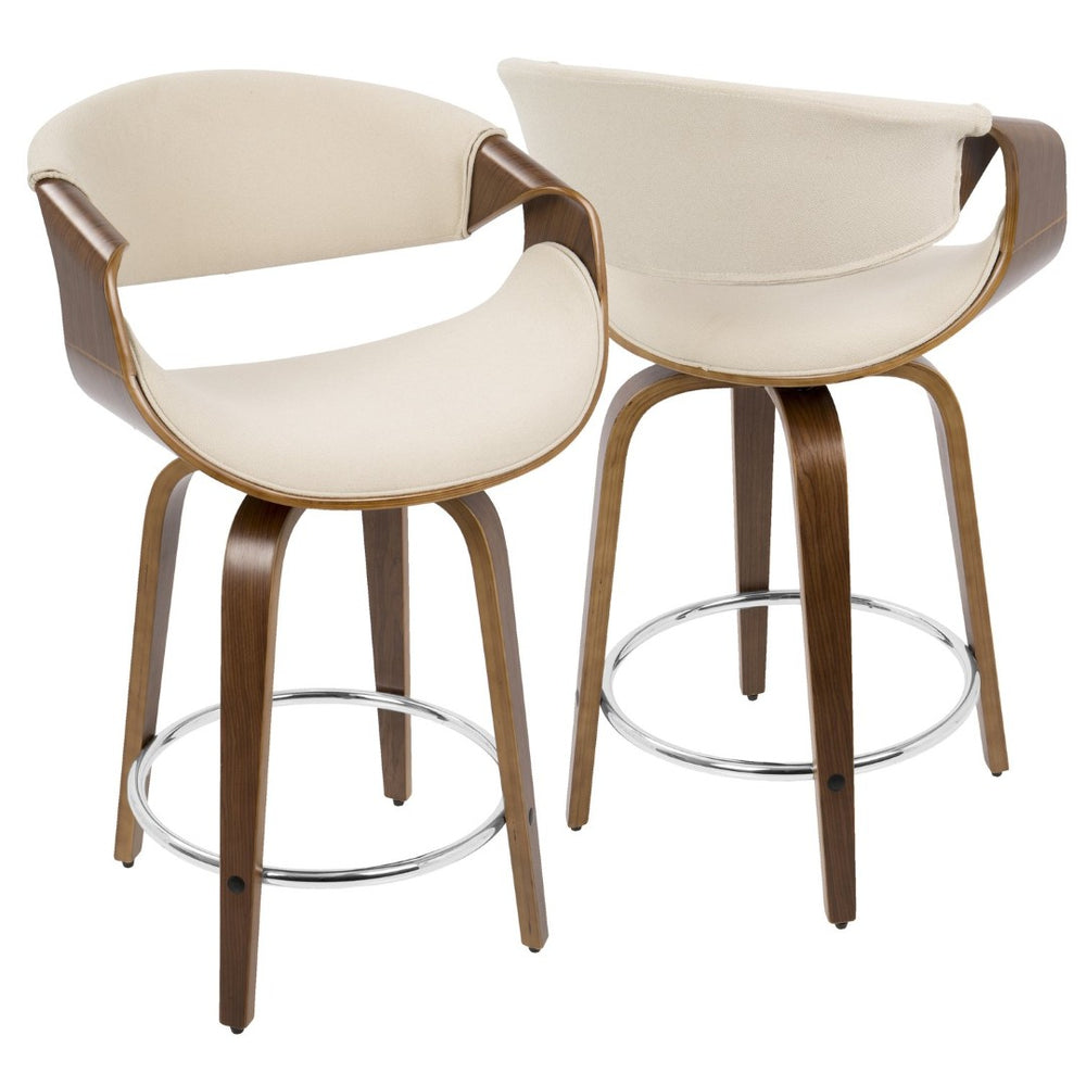 English Elm 24" Swivel Counterstools Walnut Base Faux Leather Bucket Seat Chrome Footrest Pair B202S00029