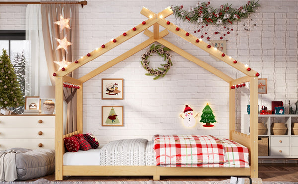 English Elm Twin House Frame Floor Bed Solid Pine Kids Room Montessori Low Profile Play Nook W1580P387841