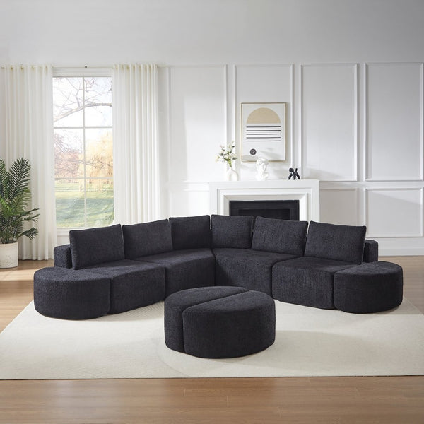 English Elm Modular Chenille Sectional Sofa with Curved Footstools and Cloud Foam Cushioning Black W3505S00057