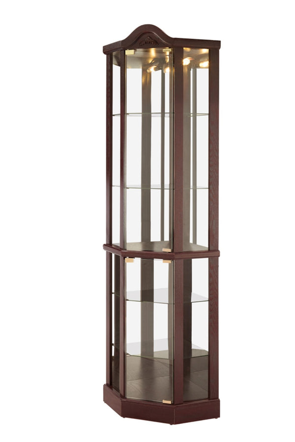 English Elm Glass Corner Curio Cabinet Lighted Dark Wood Display with Carved Crown Floral Detail Cherry W2275P292645
