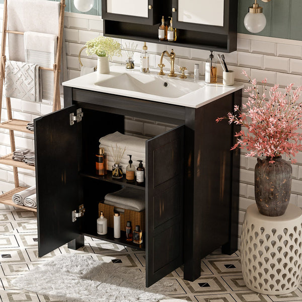 English Elm 30" Rustic Bathroom Vanity Espresso with Ceramic Sink, Soft-Close Doors, Adjustable Shelves, Open-Back Plumbing-Friendly Storage N729P290712P