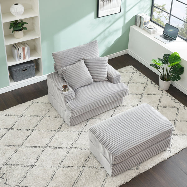 English Elm 39-inch Spring Corduroy Armchair and Ottoman Set with Cup Holder, Plush Sponge Cushions, 350lb Support Gray W1658S00045