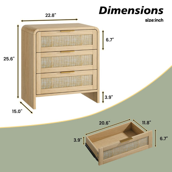 English Elm Rattan Drawer Nightstand Set with Built-in Charging Station and Open Shelf Bedroom Storage Oak W1820P416765