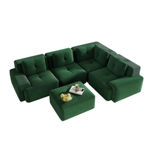 English Elm Modern Corduroy Sectional Sofa Deep Seat V Shape Tufted Couch with Movable Ottoman Green W714S01582