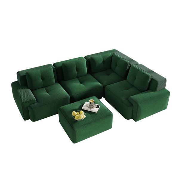 English Elm Modern Corduroy Sectional Sofa Deep Seat V Shape Tufted Couch with Movable Ottoman Green W714S01582