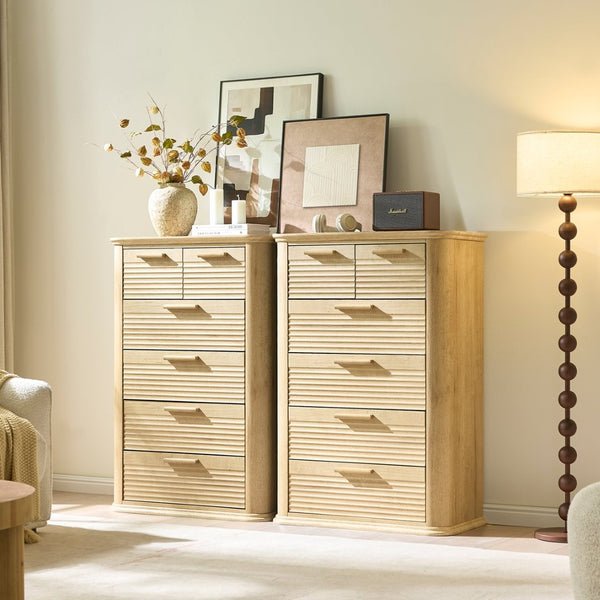 English Elm 6 Drawer Tall Fluted Chest with Waveform Fronts Slim Wooden Storage for Modern Bedroom Oak T5326P425103
