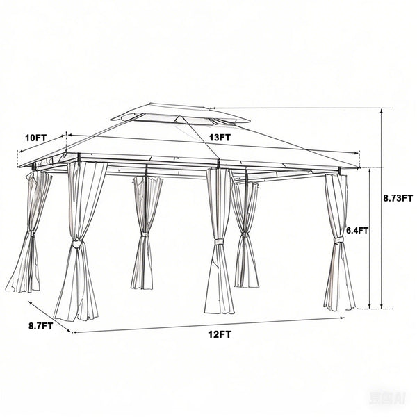 English Elm 13x10 Outdoor Gazebo Canopy Tent With Double Vented Roof, Full Sidewalls For Insect & Weather Shield Grey W419P282068