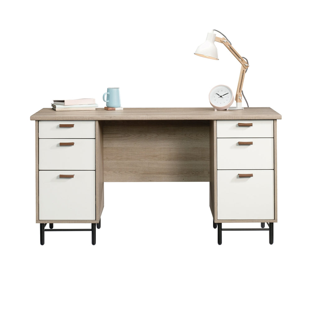 English Elm Executive Desk with Large Desktop, Light Oak & White Accents, File Drawers, Durable Metal Base B356P367821