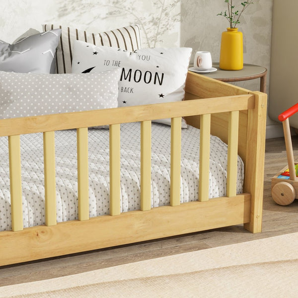 English Elm Twin Floor Platform Bed With Book Rack & Fence, Durable Natural Finish For Cozy Kids' Rooms W504P345766-GIGA