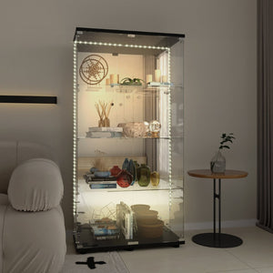 English Elm Tempered Glass Display Cabinet With Mirrored Back, Bluetooth Led Light & Lock For Secure Storage W3155S00015-GIGA