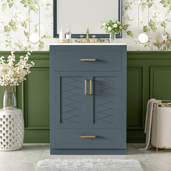 English Elm 24" Stylish Blue Bathroom Vanity With Ceramic Sink, 2 Storage Doors & Tip-Out Drawer For Organization N710P341037C
