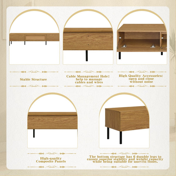English Elm Boho Rattan TV Stand 80" Capacity, Modern Farmhouse Media Console with Metal Legs & Storage Drawers N710P206387Q