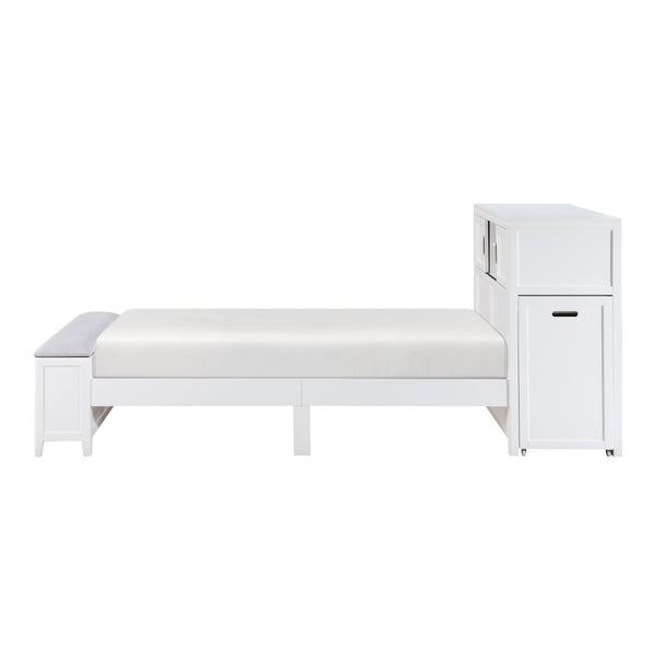 English Elm Gray Twin Platform Bed with Bookcase Headboard Hidden Desk Stool and Footboard Bench White B011S02324