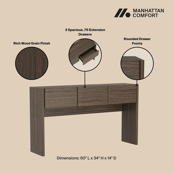 English Elm Linda Modern Console Table with 3 Spacious Drawers, Sleek Hardware-Free Design, Natural Grain Texture Walnut Brown B365P398090
