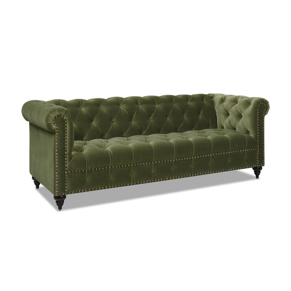 English Elm Jennifer Taylor Home - Alto Handcrafted 88" Tufted Chesterfield Sofa in Olive Performance Velvet with Nailhead Trim and Supportive Frame B2719P238299
