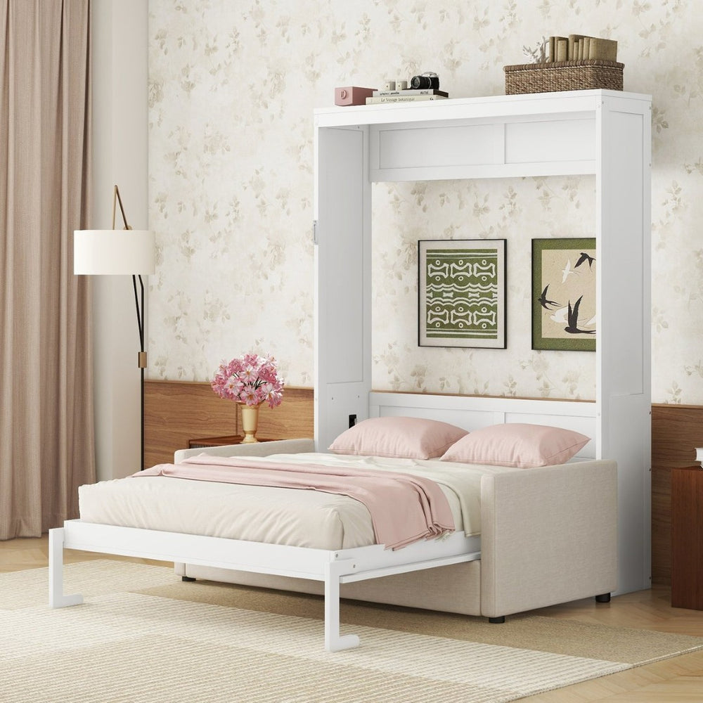 English Elm Queen Murphy Bed with Linen Cushion Sofa Folds Flat for Studio or Guest Room White LP000891AAK-1