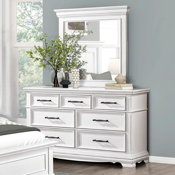English Elm White Seven Drawer Solid Wood Dresser with Mirror for a Polished Bedroom Storage B011S02479