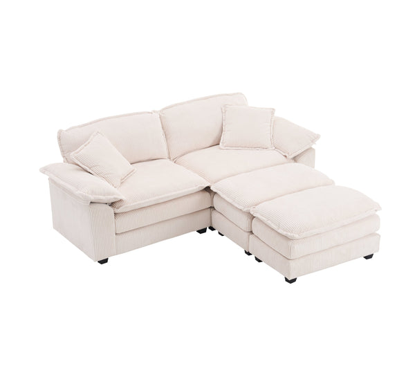 English Elm Corduroy Plush 2-Seat Sofa with 2 Back Cushions, Toss Pillows & Ottomans — Deep Seat Comfort White W2363S00062