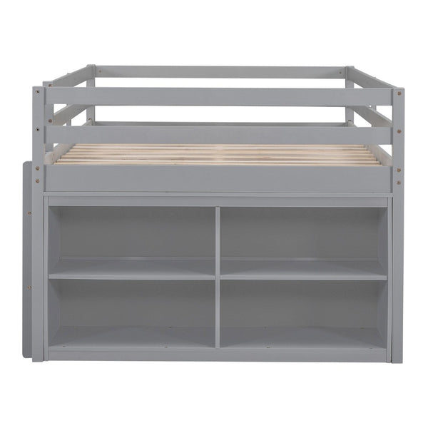 English Elm Full Size Kids Loft Bed Pinewood Frame Dual Study Desks Drawers and Open Shelving Gray LT000369AAE