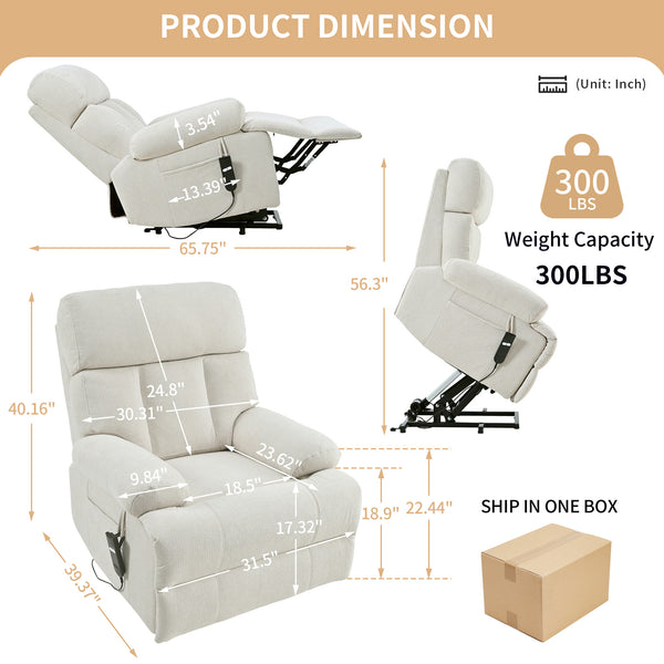 English Elm Oversized Power Lift Recliner Chair with Remote Control, Spacious Fabric Seat and Side Pocket for Comfort and Support Light Gray W1028P261273
