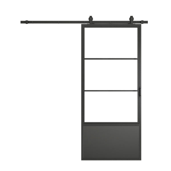 English Elm 30 in Matte Black Steel Sliding Barn Door Frosted Glass Privacy Panel with Hardware B2763P483214