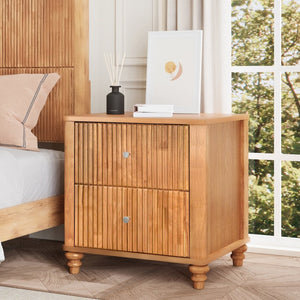 English Elm Fluted Oak Nightstand with 3 Drawers Mid Century Modern Bedside Table Natural Finish W1716P409479
