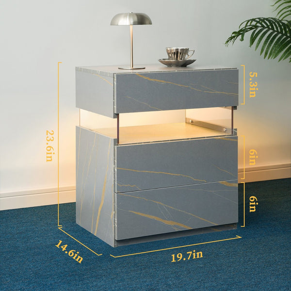 English Elm Led Nightstand with Rgb Acrylic Glow Panel Three Drawers Walnut Bedroom Table Grey+Gold W2178P412302