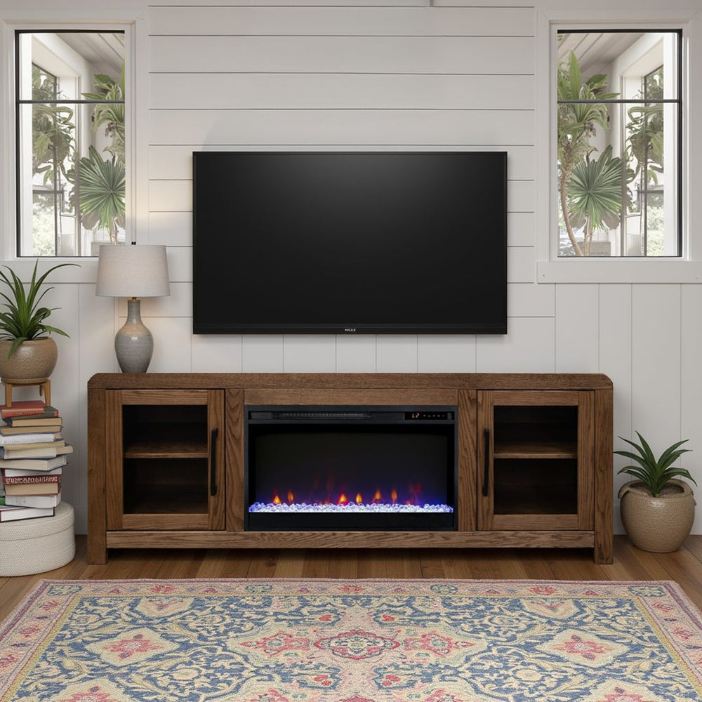 English Elm Haven 65 inch Entertainment Center with Electric Fireplace, Oak Veneer TV Stand, Glass Doors, Cable Management Brown B108P364419