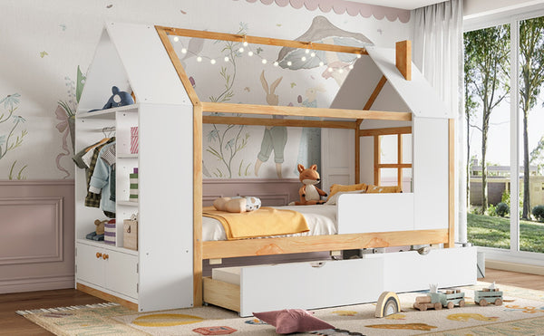 English Elm Twin House Frame Bed Pine Wood with Storage Drawers and Shelves for Kids Bedroom W1580S00572